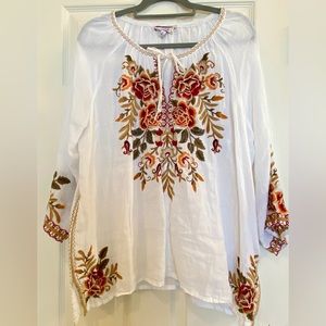 Johnny Was Charlotte White Embroidered Peasant Blouse-XL